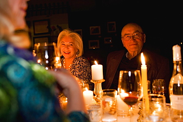 Group of friends celebrating in restaurant