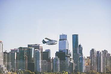 Downtown skyscrapers and seaplane