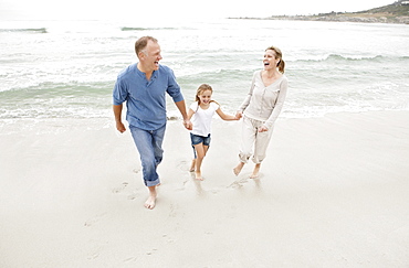 Smiling family holding hands and walking on beach