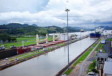 Panama, Panama City, Ship in canal lock