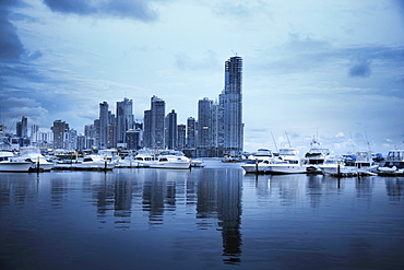 Panama, Panama City, Boats with skyline in background
