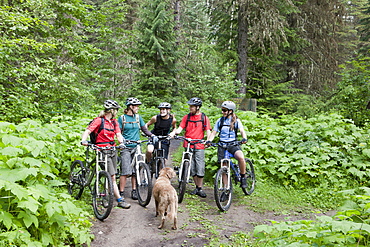 Canada, British Columbia, Fernie, Group of five people and dog enjoying mountain biking