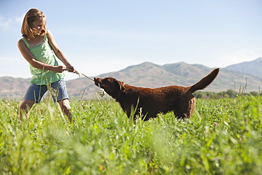 Young girl playing with dog