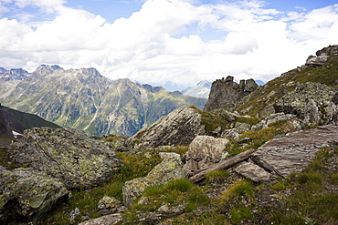 View to rock formations of European Alps, Austria, Tirol, Ischgl