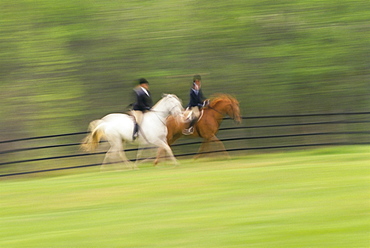 Two people riding on horses on field, blurred motion