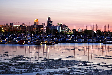 Cityscape and marina seen from lake Erie, Cleveland, Ohio