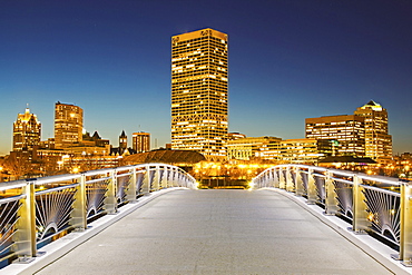 Pedestrian bridge with skyline in background, Milwaukee, Wisconsin 