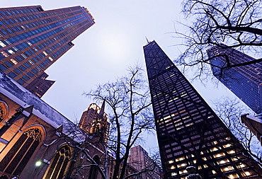 Low angle view of John Hancock Center seen from Fourth Presbyterian Church, Chicago, Illinois 