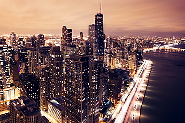 Elevated view of Lake Shore Drive and Chicago architecture at sunset, Chicago, Illinois 