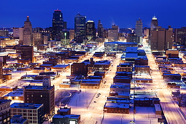 Elevated view of city in winter, Kansas City, Missouri