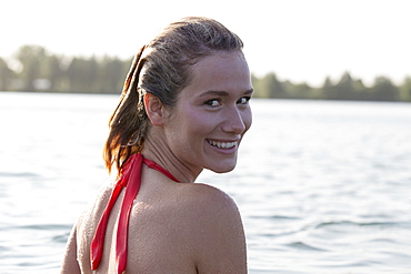 Portrait of beautiful woman in bikini, Netherlands, Gelderland, De Rijkerswoerdse Plassen