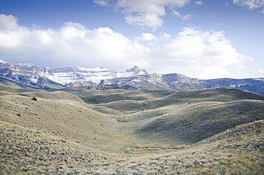 View of Shoshone National Forest with Rocky Mountains in background, Wyoming, USA