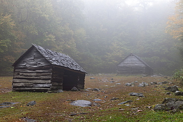 Sheds in foggy glade, Smoky Mountains Nationa Park, Tennessee