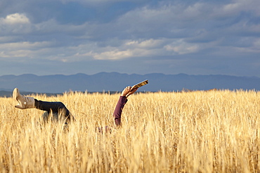 Woman lying in field holding digital tablet, Whitefish, Montana, USA