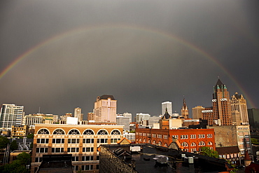 Rainbow over downtown Milwaukee, USA, Wisconsin, Milwaukee