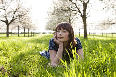 Belgium, Sint-Truiden, Portrait of young woman in spring orchard, Belgium, Sint-Truiden