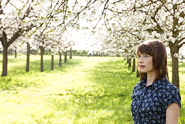 Belgium, Sint-Truiden, Portrait of young woman in spring orchard, Belgium, Sint-Truiden