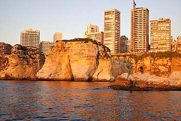 Pigeon Rock and Beirut architecture at sunset