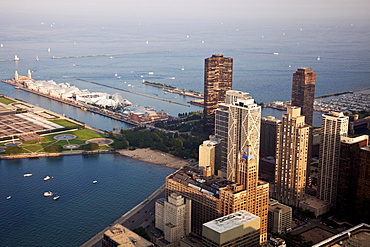 USA, Illinois, Chicago, Cityscape, Olive Park, Navy Pier and downtown buildings