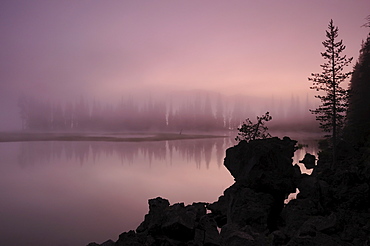 USA, Oregon, Deschutes County, Morning mist on Sparks Lake