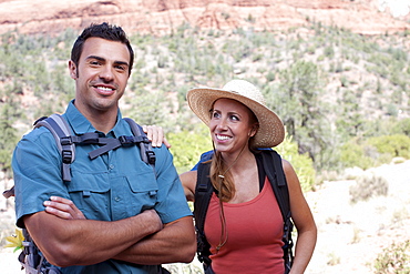 USA, Arizona, Sedona, Young couple hiking, man holding map