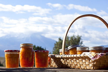 Basket full of jars with preserves