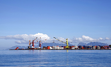 Skyline of container terminal seen from sea, French Polynesia, Tahiti