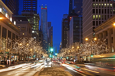 USA, Illinois, Chicago, Michigan Avenue illuminated at night