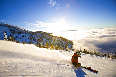 USA, Montana, Whitefish, Male skier on mountain slope at sunrise