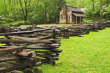 A fence and cabin in Smoky Mountain National Park