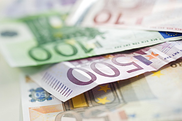 Assorted euro notes and coins