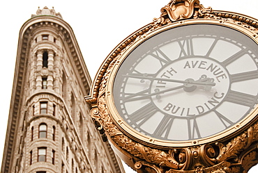 Flatiron Building and clock, Manhattan, New York City, New York, USA