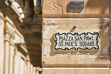 Close up of St. Paulâ€™s Square street sign, Mdina, Malta