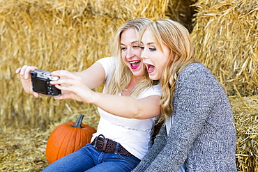 Two friends taking selfie in field