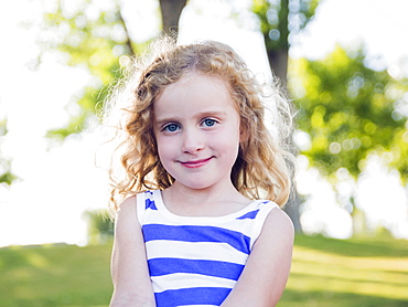 Portrait of blonde girl (4-5) outdoors, USA, Utah, Salt Lake City 