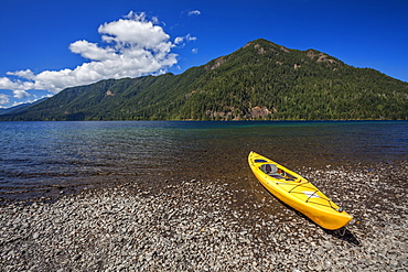 Yellow kayak on Lake Crescent, Olympic National Park, Washington