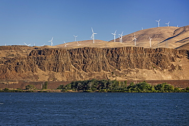 Wind turbines on cliff, Columbia River, Washington State side of the Columbia River