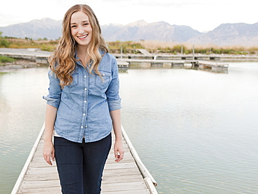 Portrait of young woman on jetty, Salt Lake City, Utah