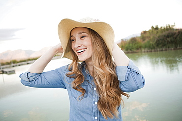 Portrait of young woman wearing hat, Salt Lake City, Utah