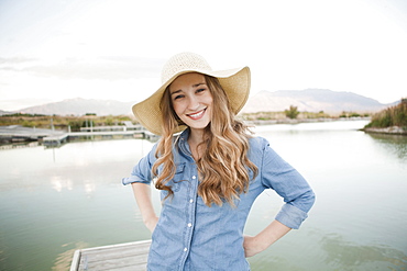 Portrait of young woman wearing hat, Salt Lake City, Utah