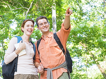 Couple hiking in forest, USA, New Jersey, Mendham