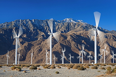 Wind turbines on desert, Palm Springs California