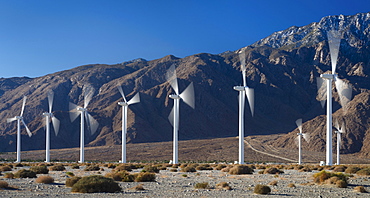 Wind turbines on desert, Palm Springs California