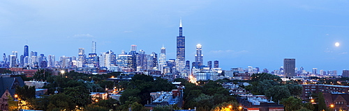 Panorama of city with rising moon, Chicago, Illinois 