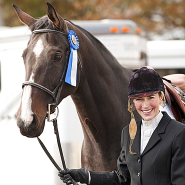 Horse wearing ribbon