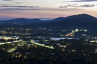 Aerial view of downtown during sunset, Australia, Canberra 