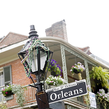 Street lamp and beads, French Quarter, New Orleans, Louisiana, United States