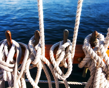 Coiled ropes on yacht deck