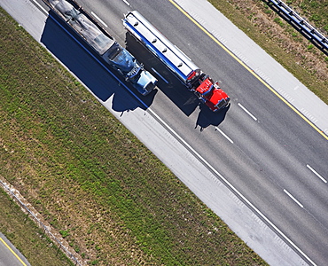 aerial view of trucks on highway