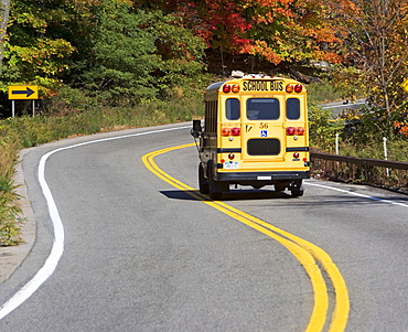 School bus driving down rural road